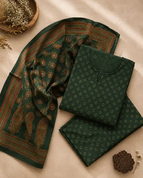 Ajrakh Handloom Cotton Kurta Dupatta Set Green (Unstitched) — image 2 of 3