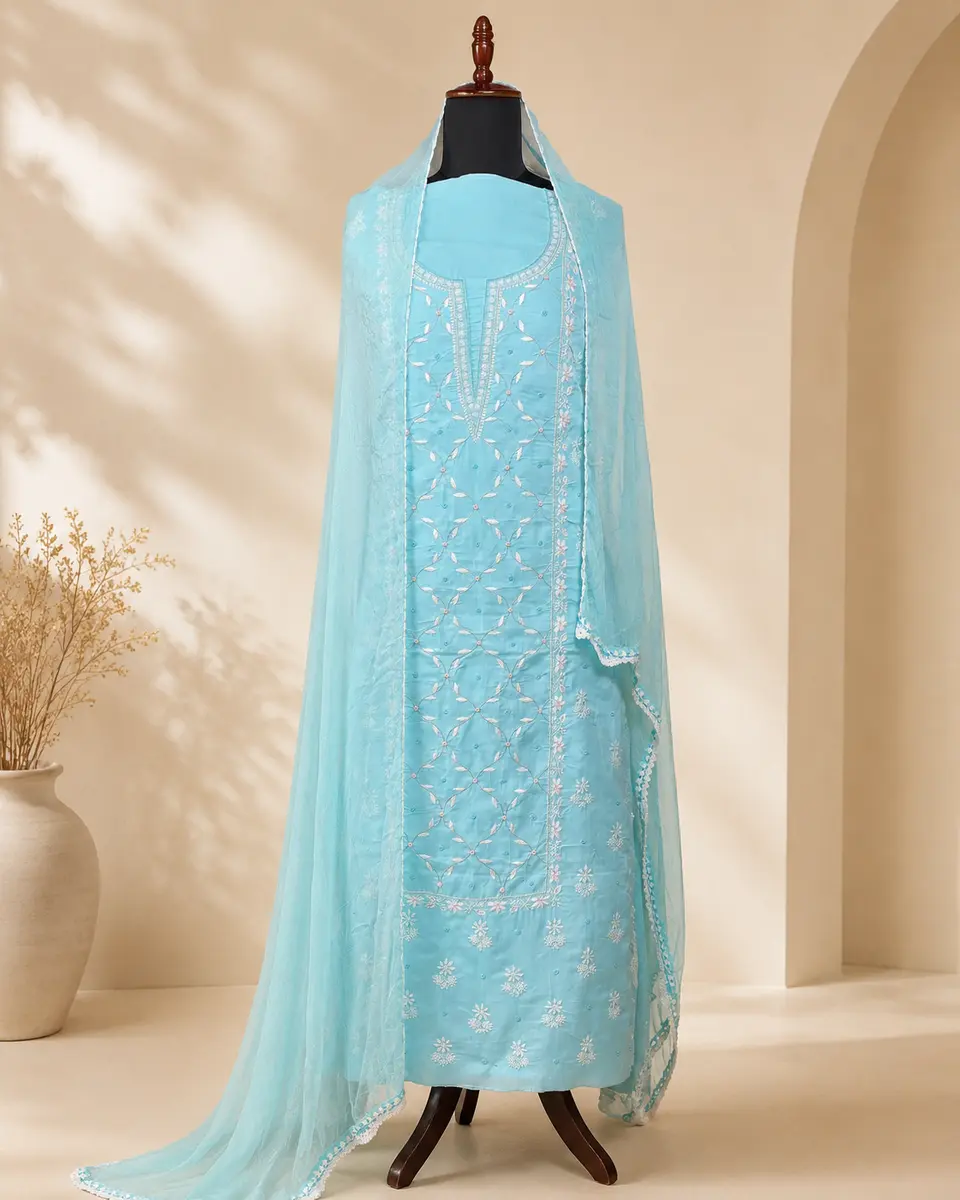 Chikankari Light Blue Embroidered Cotton Voile Suit (Unstitched) - Image 1 of 2