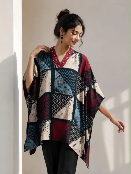 Ajrakh Printed Cotton Kaftan in Multicolor — multicolor - black maroon blue / free size