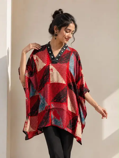 Ajrakh Printed Cotton Kaftan in Multicolor — red multicolor / free size