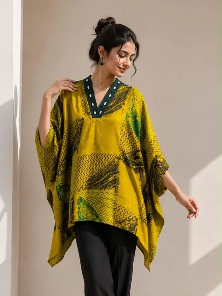 Ajrakh Printed Cotton Kaftan in Multicolor — mustard yellow multicolor / free size