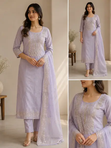 Chikankari Pure Organza Kurta Dupatta Lavender Gold (Unstiched) — image 2 of 4