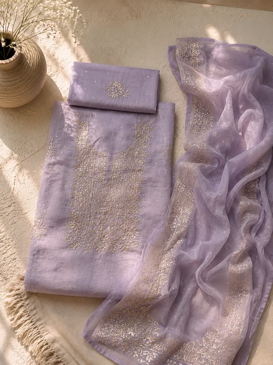 Chikankari Pure Organza Kurta Dupatta Lavender Gold (Unstiched) thumbnail 3