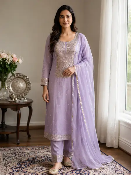 Chikankari Pure Organza Kurta Dupatta Lavender Gold (Unstiched) — image 1 of 4