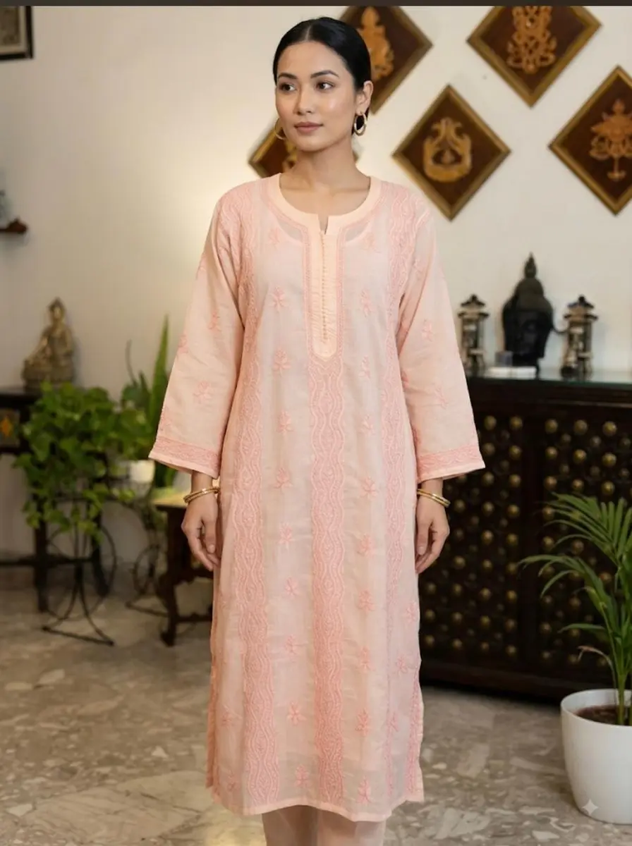 Chikankari Voile Kurta Pastel Colors — light peach / 44 — image 3 of 3