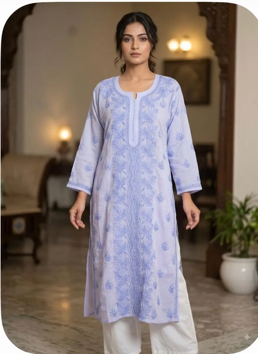 Chikankari Voile Kurta Pastel Colors — periwinkle blue / 44 — image 3 of 3