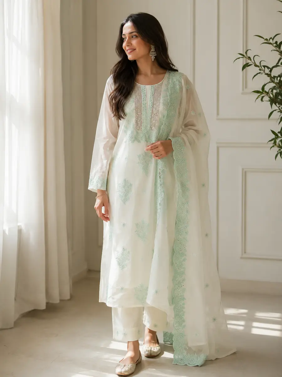 Chikankari Organza Kurta Dupatta Set White with Mukaish (Unstitched) - Image 1 of 3
