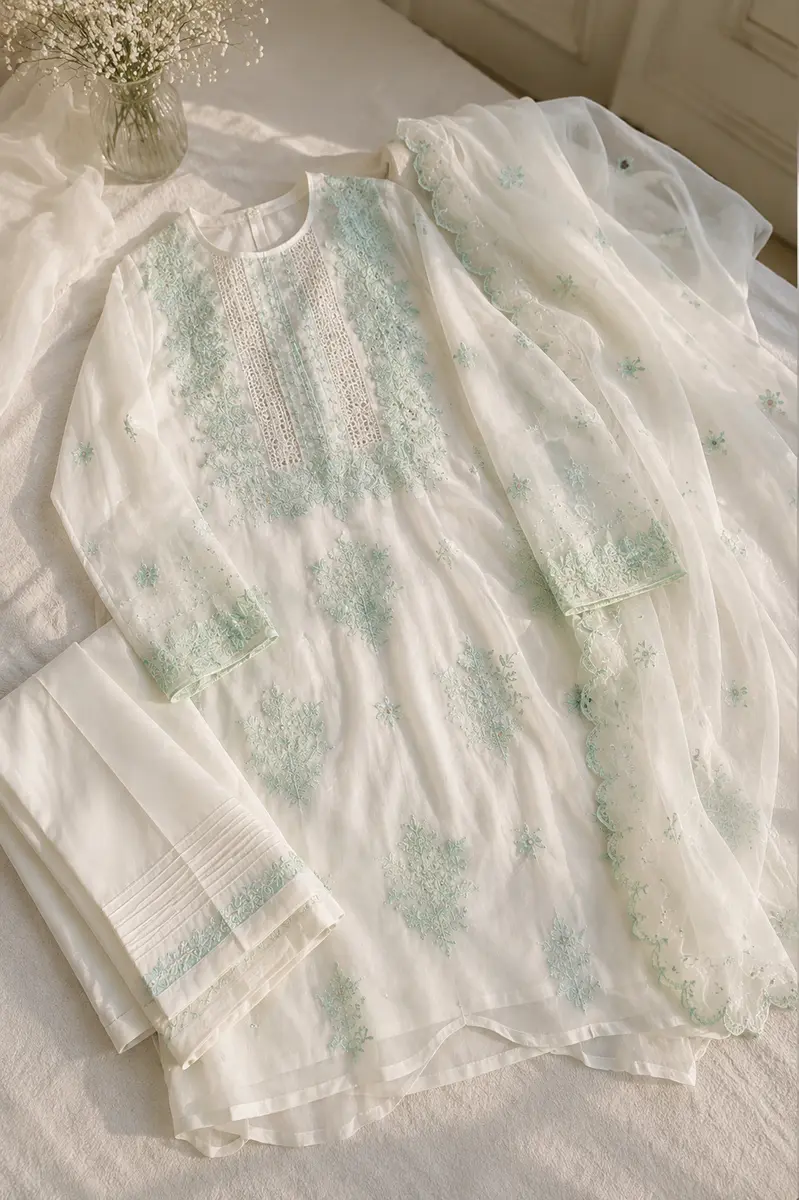 Chikankari Organza Kurta Dupatta Set White with Mukaish (Unstitched) thumbnail 2