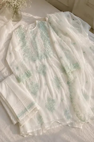 Chikankari Organza Kurta Dupatta Set White with Mukaish (Unstitched) — image 2 of 3