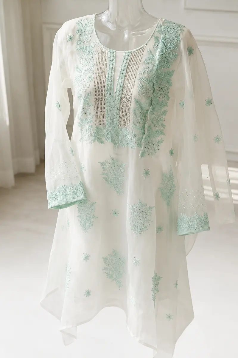 Chikankari Organza Kurta Dupatta Set White with Mukaish (Unstitched) thumbnail 3