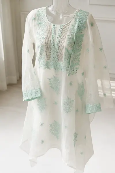 Chikankari Organza Kurta Dupatta Set White with Mukaish (Unstitched) — image 3 of 3