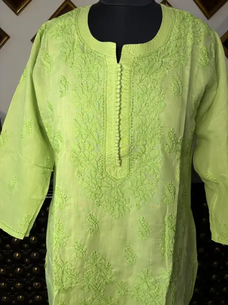 Lucknawi Chikankari Cotton Voile Kurta Green & Pigeon Grey - Casual Daily Wear — green / XL-42 — image 1 of 3