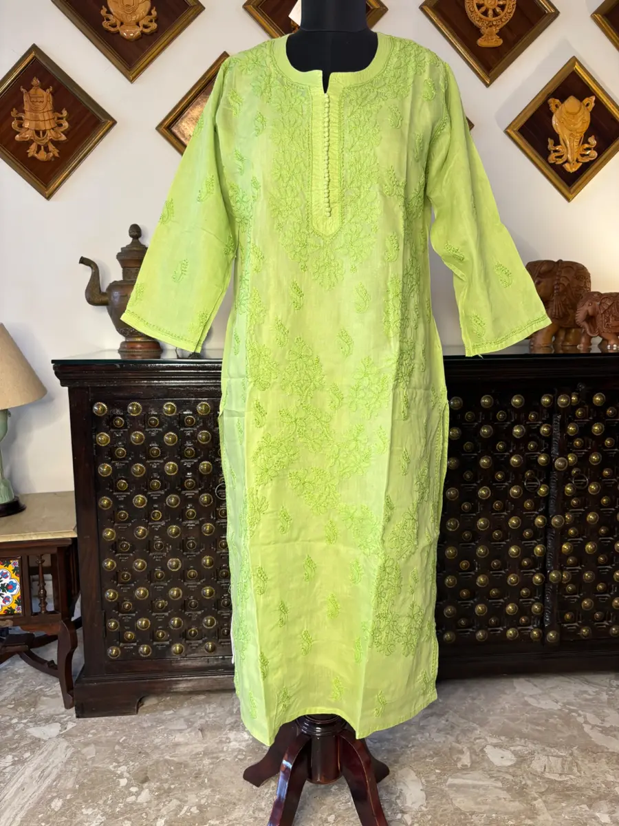 Lucknawi Chikankari Cotton Voile Kurta Green & Pigeon Grey - Casual Daily Wear thumbnail 2