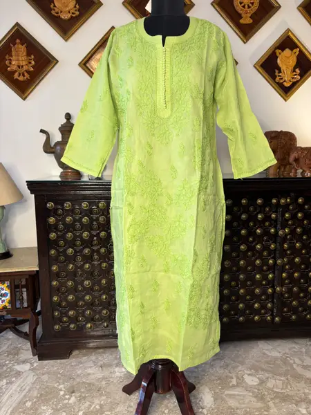 Lucknawi Chikankari Cotton Voile Kurta Green & Pigeon Grey - Casual Daily Wear — green / XL-42 — image 2 of 3