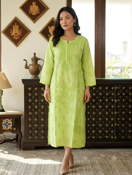 Lucknawi Chikankari Cotton Voile Kurta Green & Pigeon Grey - Casual Daily Wear — green / XL-42 — image 3 of 3