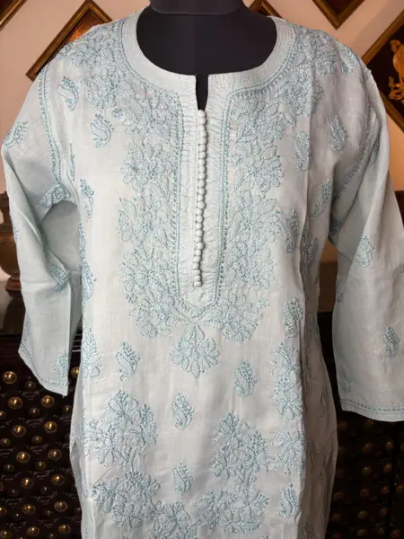 Lucknawi Chikankari Cotton Voile Kurta Green & Pigeon Grey - Casual Daily Wear — pigeon grey / XL-42 — image 2 of 3
