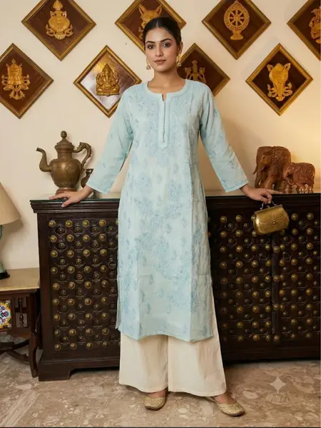 Lucknawi Chikankari Cotton Voile Kurta Green & Pigeon Grey - Casual Daily Wear — pigeon grey / XL-42 — image 3 of 3