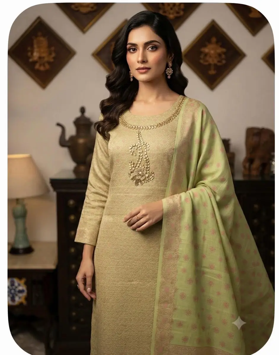 Banarasi Jamavar Silk Suit Green and Pink Gota Patti work - Wedding Festive Wear — Full suit fabric 4.5 mts with matching dupatta2.5mts — image 2 of 2