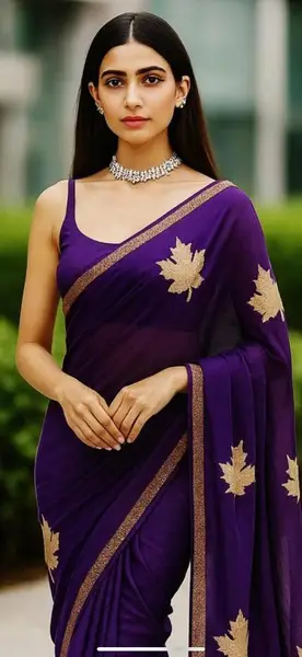 Kashmiri Georgette Saree Purple with Tilla Gold Embroidery - Festive Wear — image 1 of 2