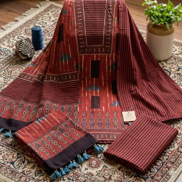 Ajrakh Handloom Cotton Blockprint Suit Rust Red (Unstitched) — image 2 of 3