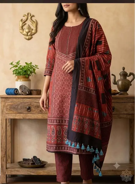 Ajrakh Handloom Cotton Blockprint Suit Rust Red (Unstitched) — image 3 of 3