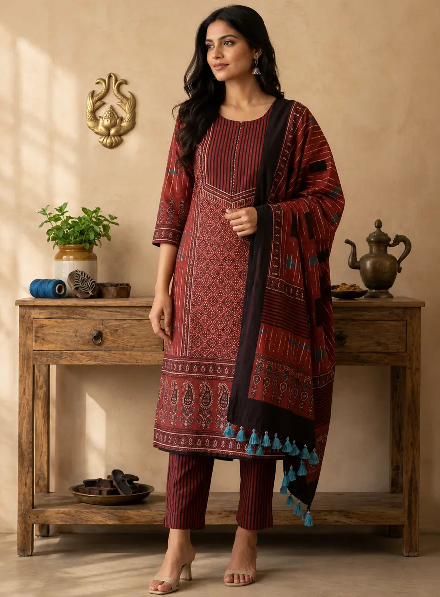 Ajrakh Handloom Cotton Blockprint Suit Rust Red (Unstitched) - Image 1 of 3