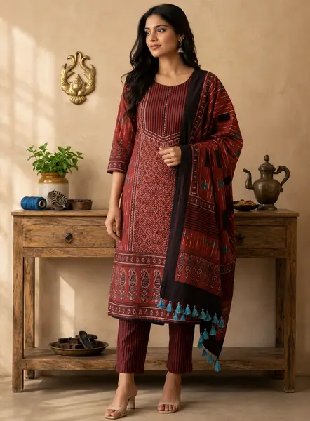 Ajrakh Handloom Cotton Blockprint Suit Rust Red (Unstitched) — image 1 of 3