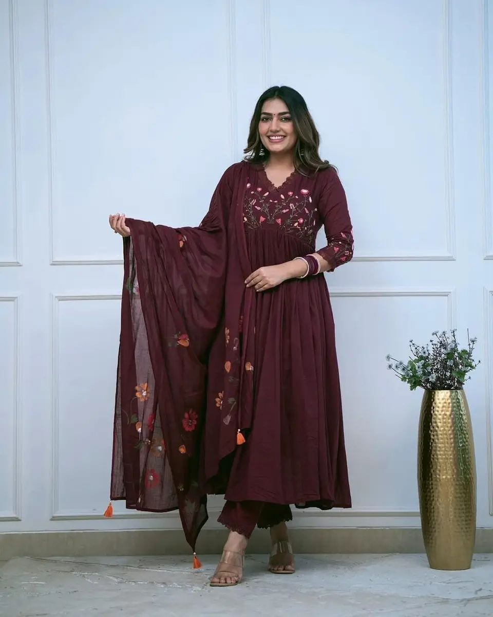 Heavy Cotton Kurta Pant Dupatta Set Maroon Floral Embroidery (Stitched) - Heritage Craft Product