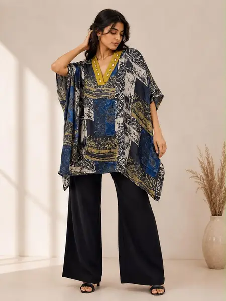 Ajrakh Cotton Kaftan Indigo Block Print - Casual Wear — multicolor blue, yellow, black / free size — image 1 of 2