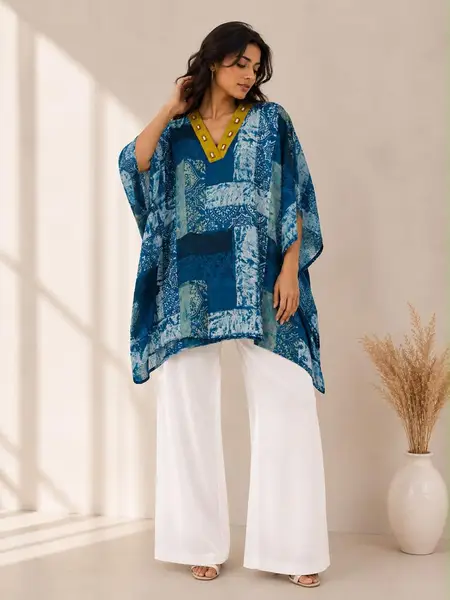 Ajrakh Cotton Kaftan Indigo Block Print - Casual Wear — multicolor blue, yellow, black / free size — image 2 of 2