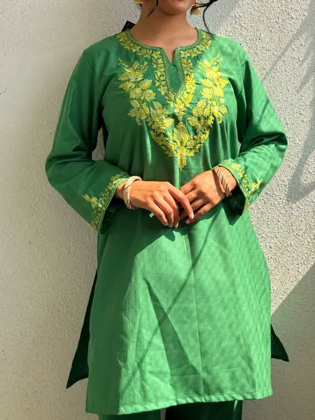 Kashmiri Sozni Embroidery Co-ord Set in Cambric cotton — green / l — image 2 of 2