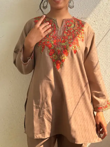 Kashmiri Sozni Embroidery Co-ord Set in Cambric cotton — khakhi brown with orange embroidery / l — image 1 of 3