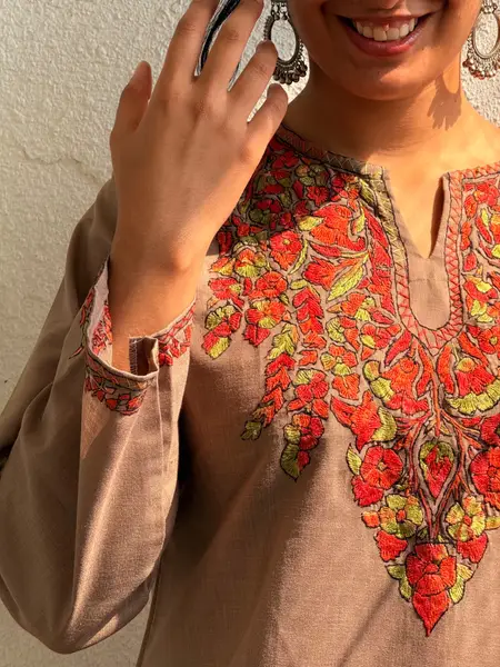 Kashmiri Sozni Embroidery Co-ord Set in Cambric cotton — khakhi brown with orange embroidery / l — image 2 of 3