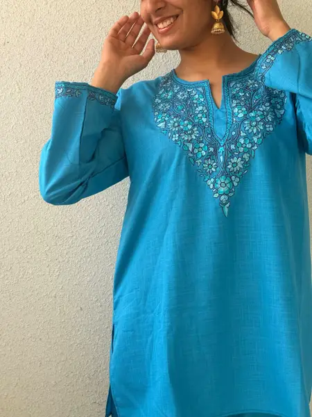 Kashmiri Sozni Embroidery Co-ord Set in Cambric cotton — turquoise blue / l — image 1 of 3