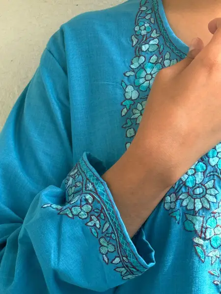 Kashmiri Sozni Embroidery Co-ord Set in Cambric cotton — turquoise blue / l — image 2 of 3