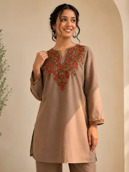 Kashmiri Sozni Embroidery Co-ord Set in Cambric cotton — khakhi brown with orange embroidery / l — image 3 of 3
