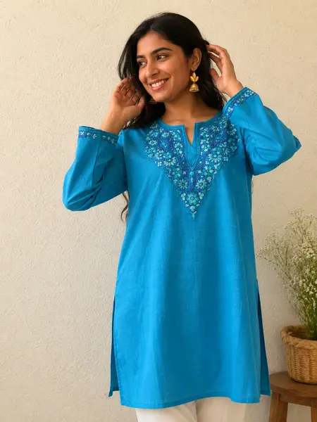 Kashmiri Sozni Embroidery Co-ord Set in Cambric cotton — turquoise blue / l — image 3 of 3