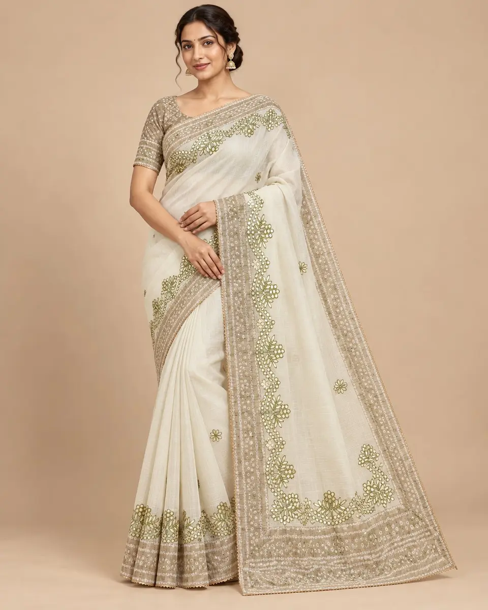 Kota Doria Saree with Gota Patti and Bandhej Border - Festive Wear -off-white and beige / free size -image 1 of 3