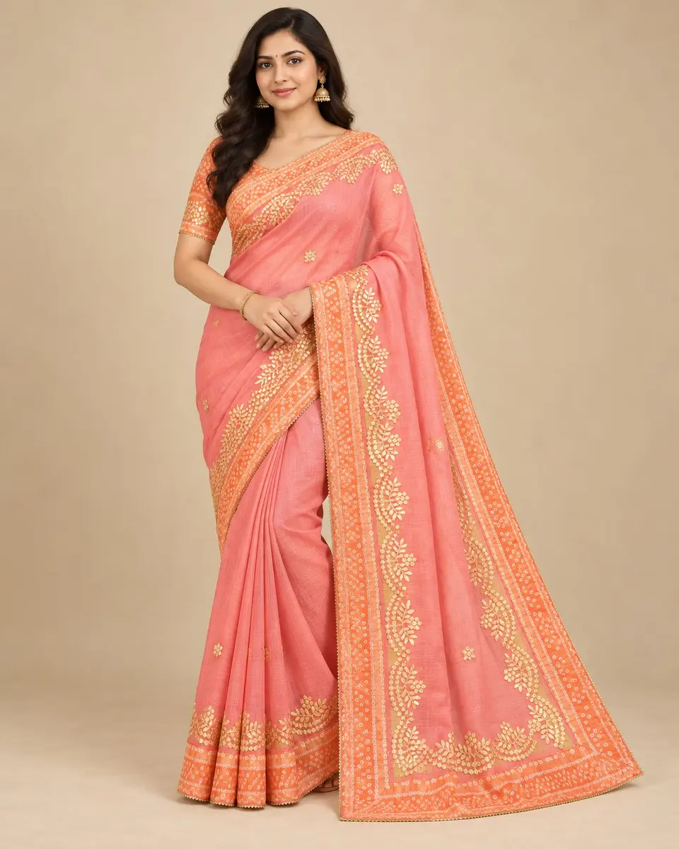 Kota Doria Saree with Gota Patti and Bandhej Border - Festive Wear -peach and orange / free size -image 1 of 3