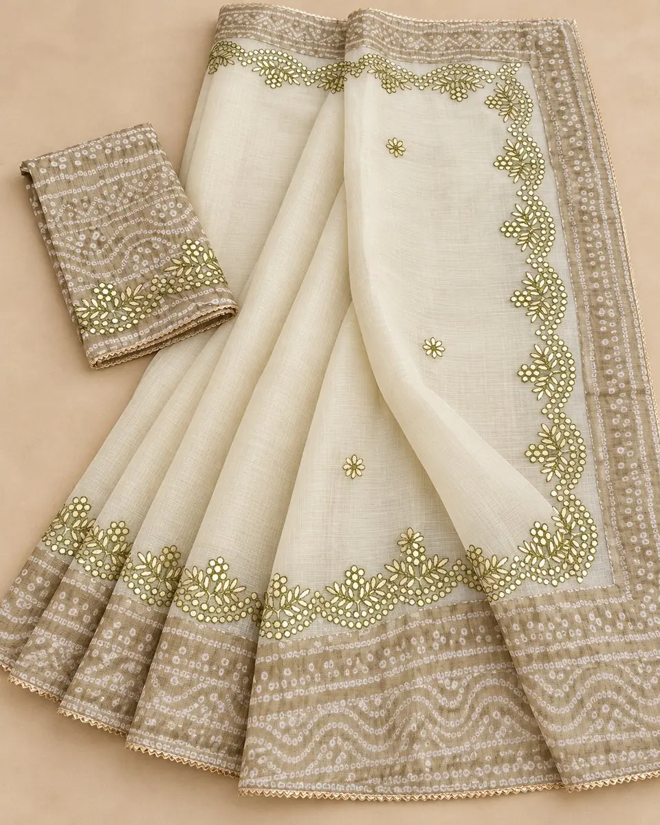 Kota Doria Saree with Gota Patti and Bandhej Border - Festive Wear -off-white and beige / free size -image 2 of 3