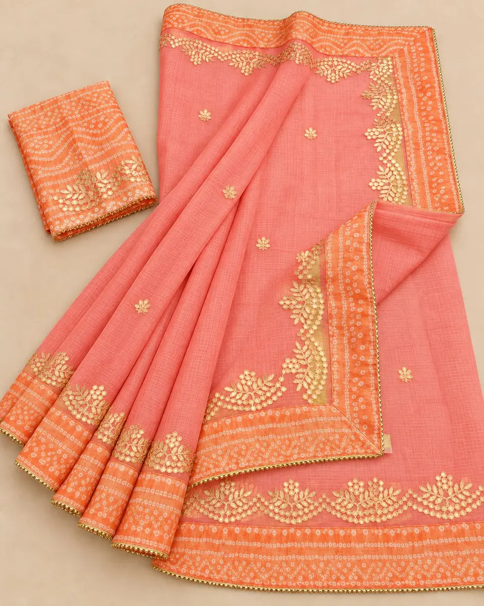 Kota Doria Saree with Gota Patti and Bandhej Border - Festive Wear -peach and orange / free size -image 2 of 3