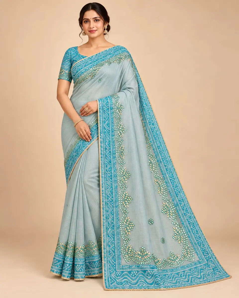 Kota Doria Saree with Gota Patti and Bandhej Border - Festive Wear -light blue and turquoise / free size -image 1 of 3