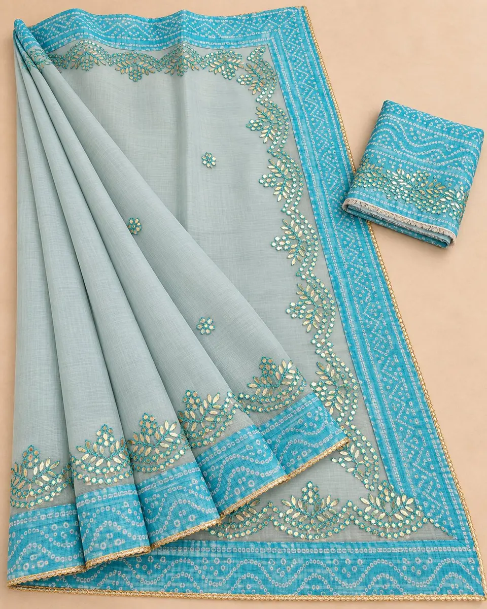 Kota Doria Saree with Gota Patti and Bandhej Border - Festive Wear -light blue and turquoise / free size -image 2 of 3