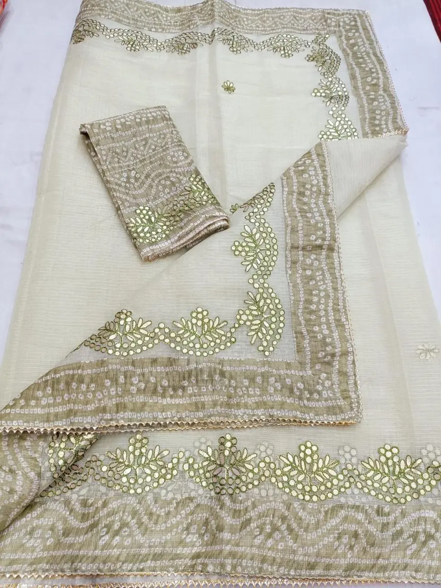Kota Doria Saree with Gota Patti and Bandhej Border - Festive Wear -off-white and beige / free size -image 3 of 3