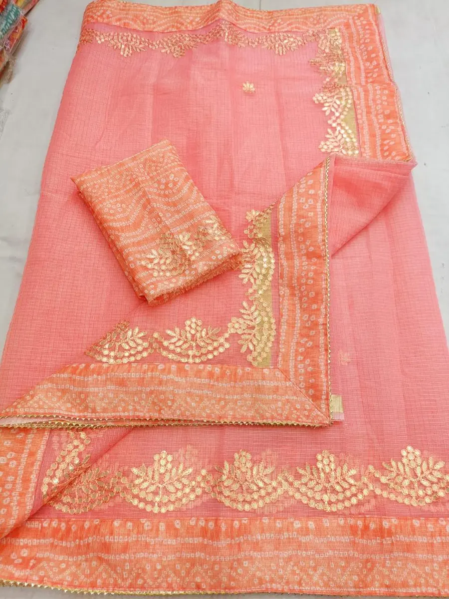 Kota Doria Saree with Gota Patti and Bandhej Border - Festive Wear -peach and orange / free size -image 3 of 3