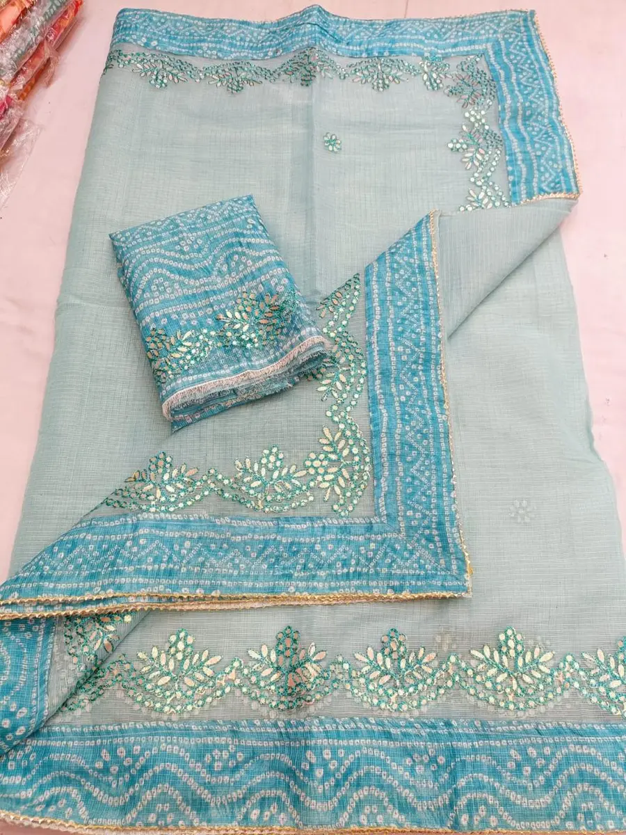 Kota Doria Saree with Gota Patti and Bandhej Border - Festive Wear -light blue and turquoise / free size -image 3 of 3
