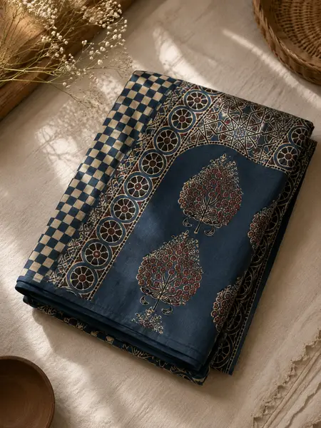 Ajrakh Block Print Modal Silk Saree Black-Blue Checkered — image 3 of 3