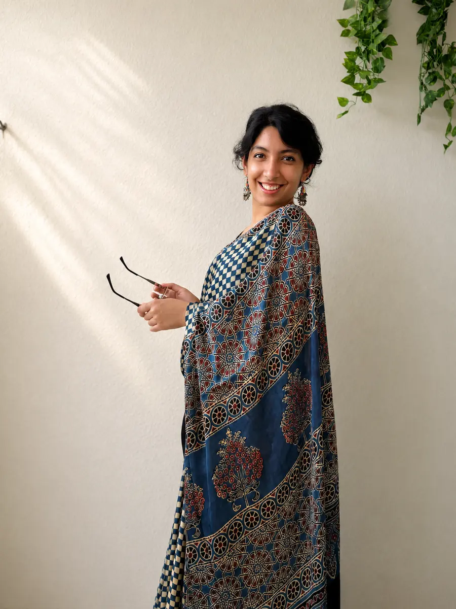 Ajrakh Block Print Modal Silk Saree Black-Blue Checkered - Image 1 of 3