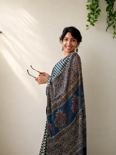 Ajrakh Block Print Modal Silk Saree Black-Blue Checkered — image 1 of 3