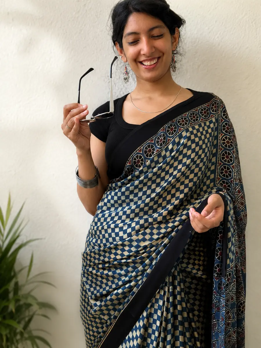 Ajrakh Block Print Modal Silk Saree Black-Blue Checkered thumbnail 2